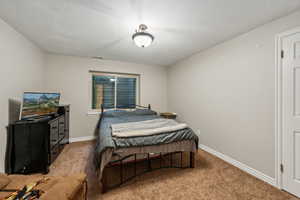 Carpeted bedroom with a textured ceiling