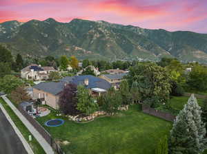 Aerial view at dusk with a mountain view