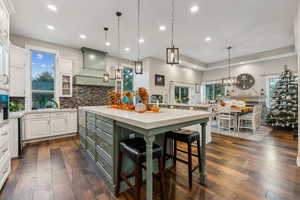 Kitchen featuring dark wood-type flooring, premium range hood, and white cabinetry