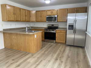 Kitchen featuring appliances with stainless steel finishes, light hardwood / wood-style floors, kitchen peninsula, and sink