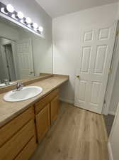 Bathroom featuring vanity and hardwood / wood-style flooring