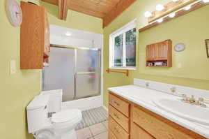 Full bathroom with enclosed tub / shower combo, tile patterned floors, wooden ceiling, toilet, and vanity