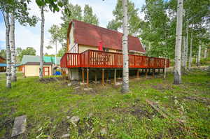 Back of house featuring a storage shed and a wooden deck