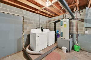 Clothes washing area featuring water heater and washing machine and dryer