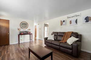 Living room with dark wood-type flooring