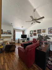 LIving area with gas fireplace and high ceilings