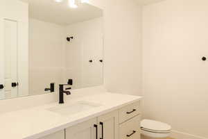 Bathroom featuring vanity, toilet, and walk in shower