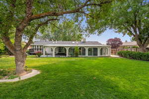 Rear view of house featuring a patio area and a lawn