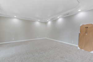 Empty room with a raised ceiling, carpet flooring, and ornamental molding