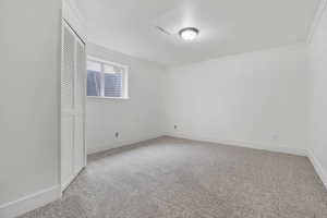 Interior space featuring carpet flooring and crown molding