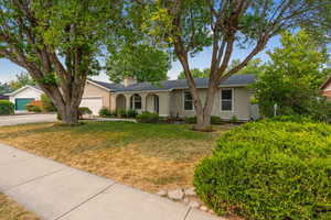 Ranch-style house featuring a front yard and a garage