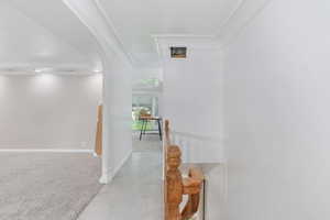 Hall featuring light colored carpet and ornamental molding