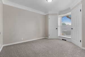 Carpeted empty room featuring crown molding