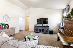 Carpeted living room with a textured ceiling and high vaulted ceiling