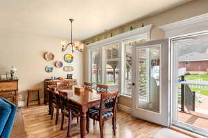 Dining room featuring a wealth of natural light, light hardwood / wood-style flooring, and an inviting chandelier