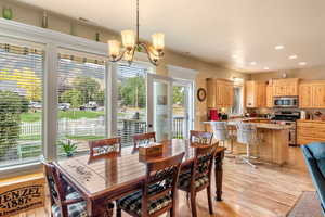 Dining area with light hardwood / wood-style floors, a chandelier, and sink