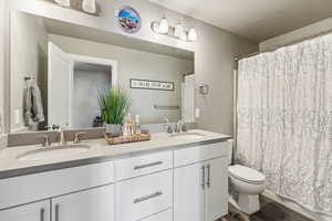 Bathroom with vanity, toilet, and a shower with curtain