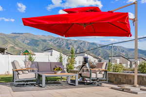 View of patio featuring a mountain view