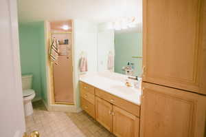 Bathroom with toilet, a shower with door, a textured ceiling, and vanity