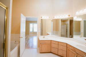 Full bathroom with vanity, separate shower and tub, hardwood / wood-style floors, and toilet