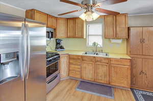 Kitchen with appliances with stainless steel finishes, light hardwood / wood-style floors, ornamental molding, sink, and ceiling fan