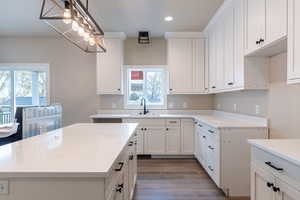 Kitchen featuring dark wood-type flooring, a healthy amount of sunlight, sink, and hanging light fixtures