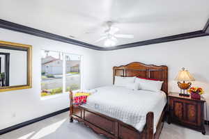 Bedroom featuring multiple windows, ceiling fan, light colored carpet, and ornamental molding