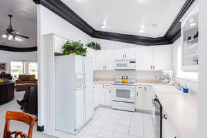 2nd Kitchen featuring white cabinets, white appliances, sink, ceiling fan, and ornamental molding