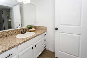 Bathroom with wood-type flooring and vanity