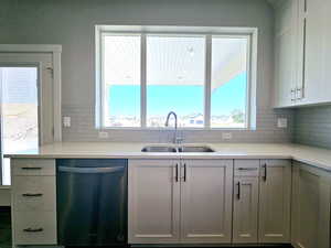 Kitchen with stainless steel dishwasher, sink, decorative backsplash, and white cabinets