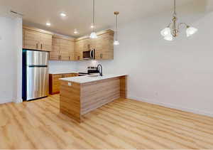 Kitchen featuring decorative light fixtures, stainless steel appliances, light wood-style floors, sink, and kitchen peninsula