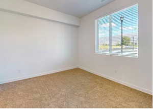 Empty room with light colored carpet and a wealth of natural light