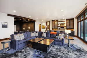 Living room featuring dark wood-type flooring and a wealth of natural light