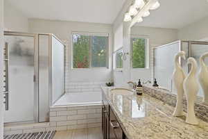 Bathroom with vanity and independent shower and bath