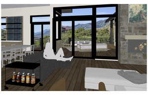 Interior space featuring a mountain view and an outdoor hangout area