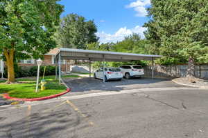 View of car parking featuring a yard and a carport