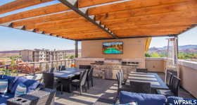 View of patio / terrace featuring a mountain view and a pergola