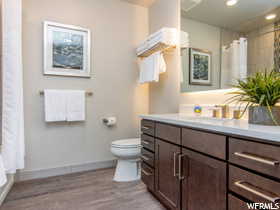 Bathroom with curtained shower, toilet, hardwood / wood-style flooring, and vanity