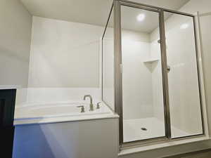 Full bathroom with independent shower and bath, toilet, and vanity