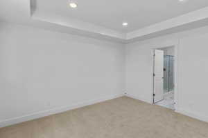 Empty room with light colored carpet and a tray ceiling