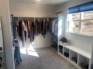 Spacious closet featuring lofted ceiling and carpet