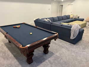 Rec room with carpet flooring and pool table