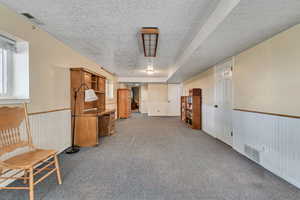 Interior space with a textured ceiling and carpet