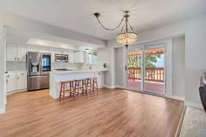 Kitchen featuring pendant lighting, kitchen peninsula, appliances with stainless steel finishes, and white cabinetry