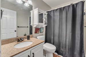 Bathroom with vanity, toilet, and wood-type flooring