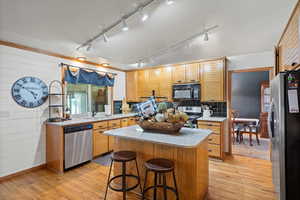 Kitchen with a center island, stainless steel appliances, light hardwood / wood-style floors, and sink