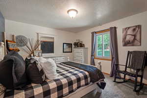 Carpeted bedroom featuring a textured ceiling