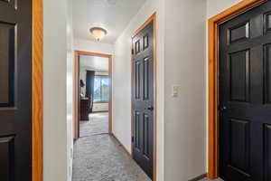 Hallway featuring light colored carpet and a textured ceiling