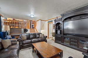 Living room featuring ornamental molding, carpet, and a textured ceiling