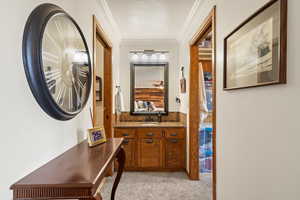 Corridor featuring light carpet, a textured ceiling, and ornamental molding